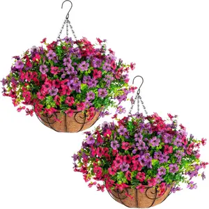 Artificial outdoor flowers in 2pc hanging baskets, fake hanging plants for outdoor spring decorations, fake silk anti-UV decorations for porch garden courtyard homes, look like real daisy eucalyptus trees