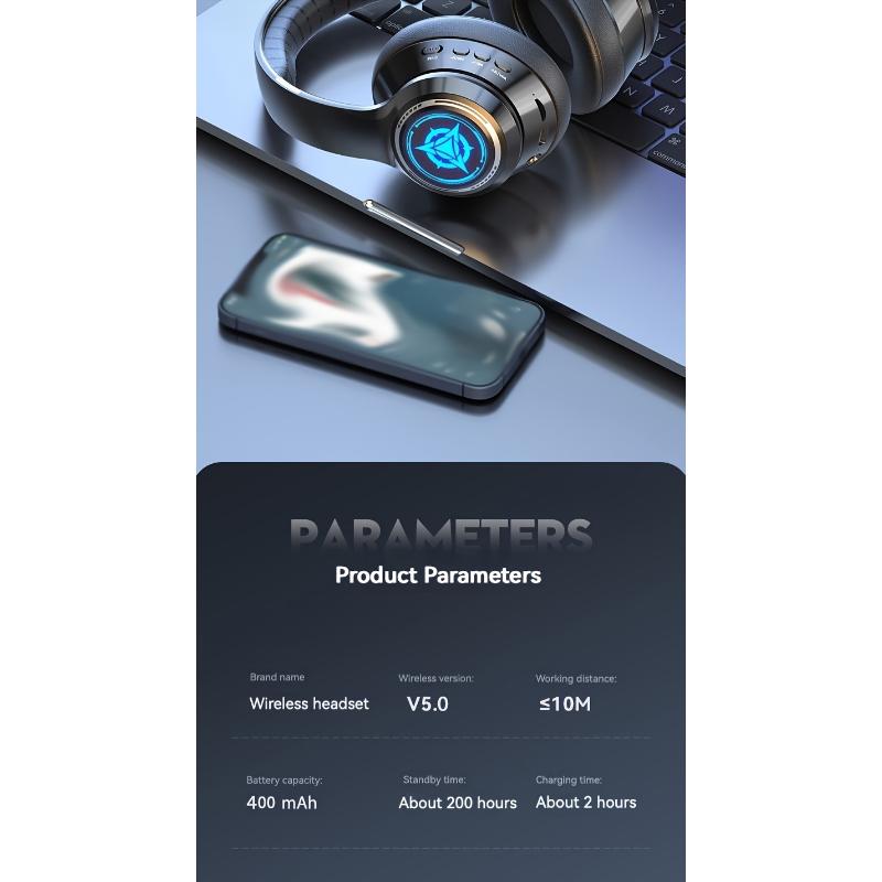Extra-long Standby 200 Hours Gaming Headset, With LED Lights, Wireless 5.0 Chip, 99D Surround Sound, Noise-cancelling Voice, Push Button Volume Control, Type-C Plug, Rechargeable Lithium Polymer Battery, Mobile Phone Compatible, Video Game