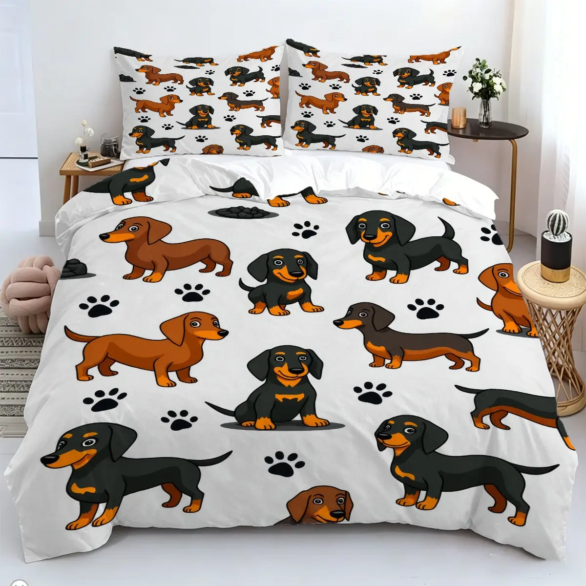 Cute Cartoon Dachshund  Print 2/3pcs Duvet Cover Set, No Filling Included – Bedding Set, Ideal for Dachshund Lover Bedroom, Pet Owner Dorm, Cute Animal Themed Guest Room & Cozy Home All‑Season Use