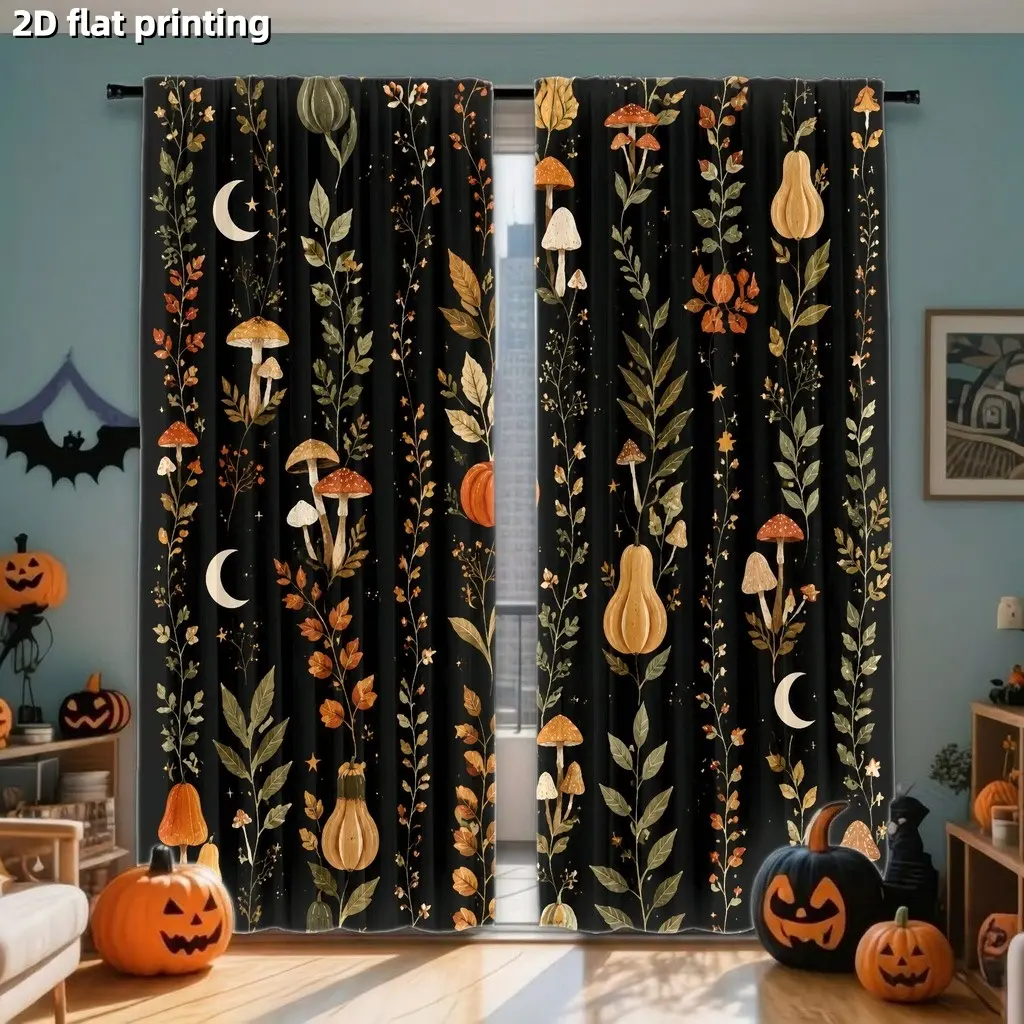 2Pcs Halloween Theme Curtains with Pumpkins Mushrooms and Moon, Autumn Botanical Print, Digital Printing for Living Room Bedroom Study Hotel Home Decor, Window Curtain