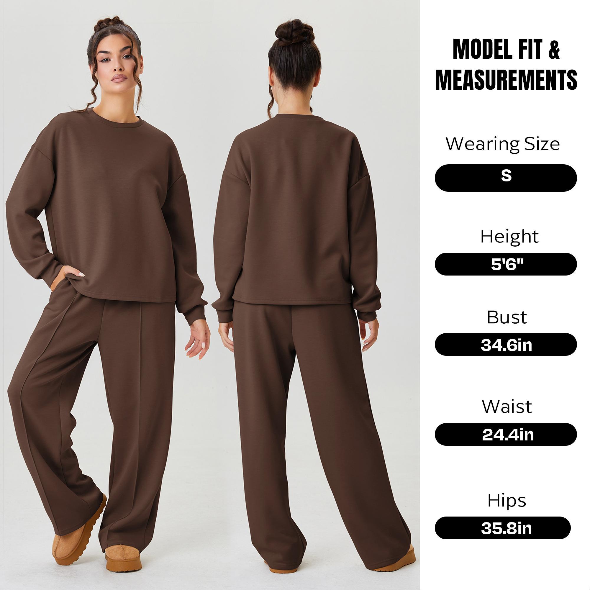 Women's Basic Solid Color Loose Long Sleeve Top & Exposed Stitches Trousers Co-ord (B), Lightweight Round Neck Top & Wide Leg Trousers Two Piece Outfits
