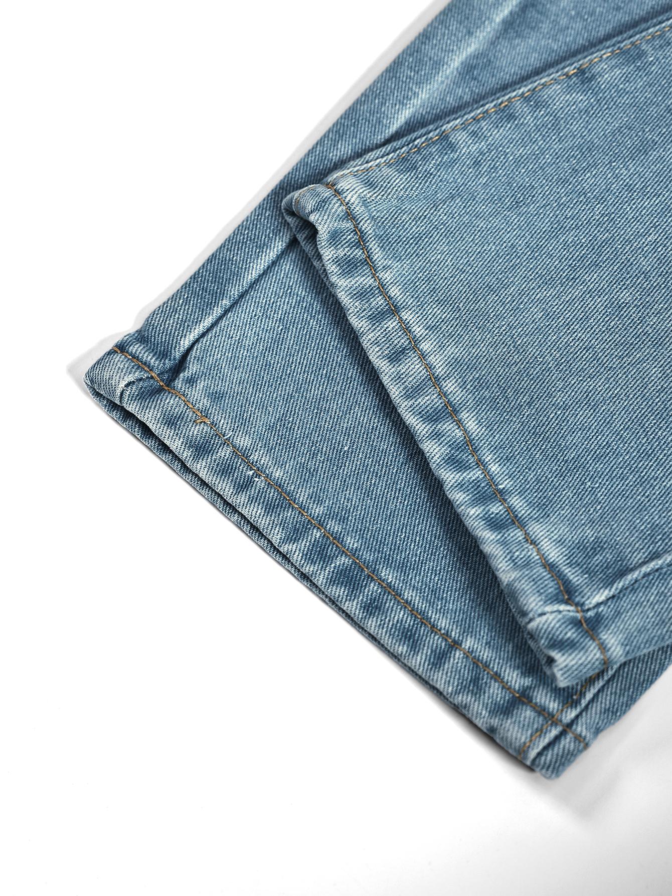 Light Blue High-Cotton Straight-Leg Jeans | Whiskering Distressed Denim