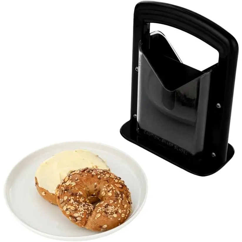 7 x 3.5 x 9 Inch Bagel Slicer Commercial Bagel Cutter - Built-In Safety Shield Safe and Easy To Use Black Stainless Steel Universal Slicer Non-Stick and Serrated Blade