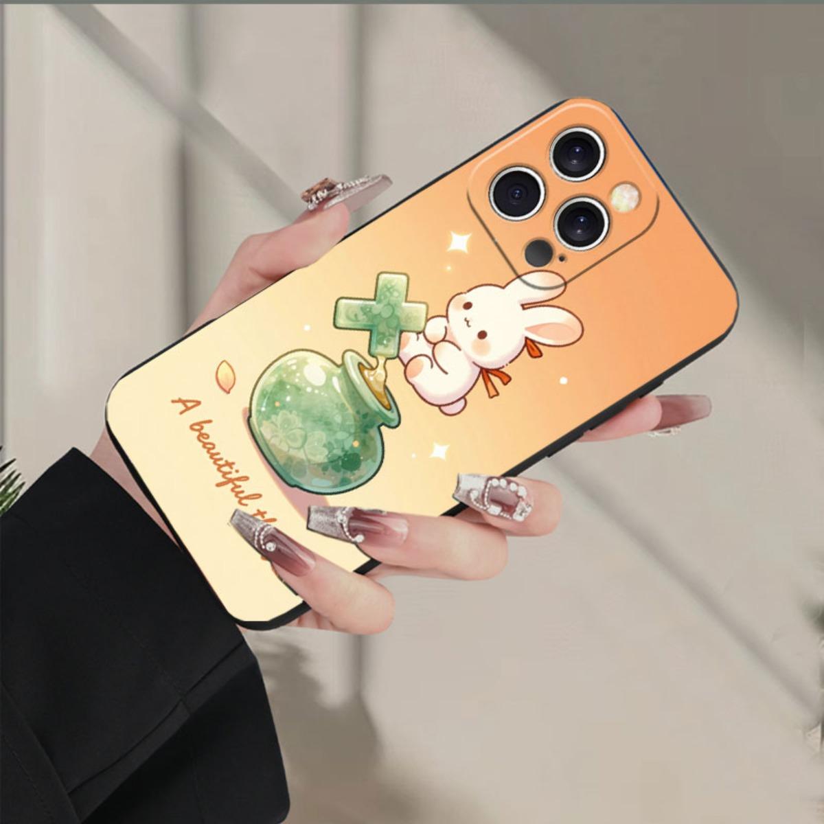 Phone case: Cute Christian rabbit and cross clover jar design, faith-inspired phone case suitable for iPhone 17/17pro/16/X/XS/XR/11/12/13/14/15/16Plus/17ProMax, printed imitation liquid silicone phone case