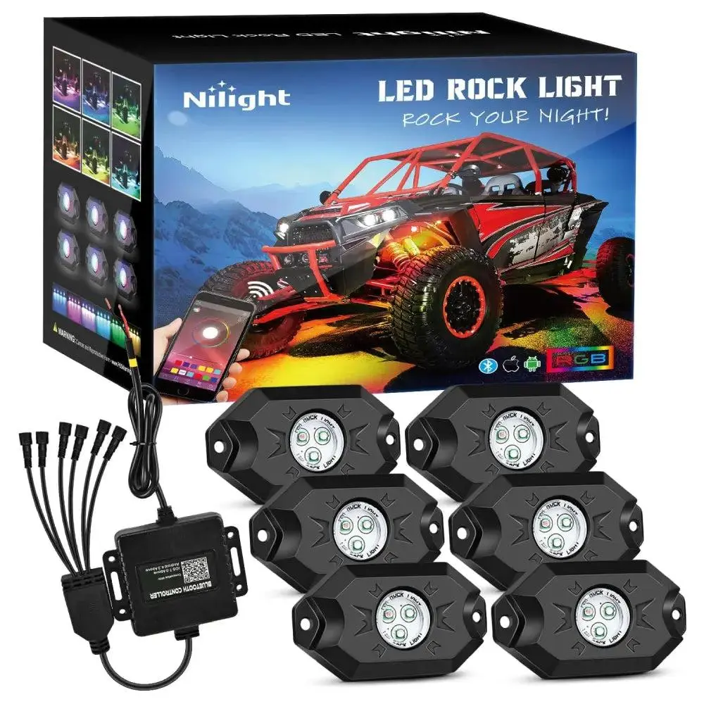 Nilight Aluminum RGB LED Rock Lights - 6-Pod Plug-in IP68 Rated Bluetooth Music Sync Car Accessories Lamp with RGB Colors for Off-Road Vehicles, Raptor