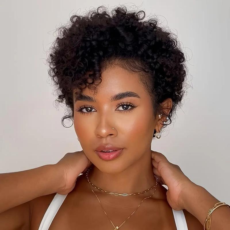 New Wholesale Hot Pixie Curly Human Hair Wig 13*1 Short Bob Wig with Curly Waves in Natural Color, 6 Inch Length, 150% Density. This Pixie Cut Wig Is Designed for Black Women And Features a Lace Front.