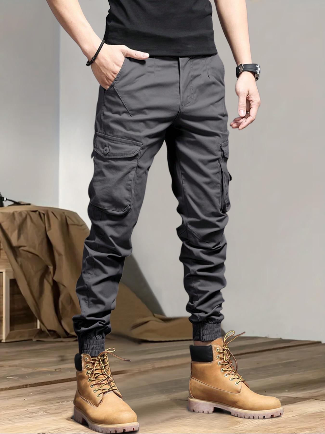 Men's Solid Drawstring Cargo Pants, Loose Casual Slant Pocket Elastic Waist Trousers for Outdoor Wear, Men's Streetwear Bottoms for All Seasons