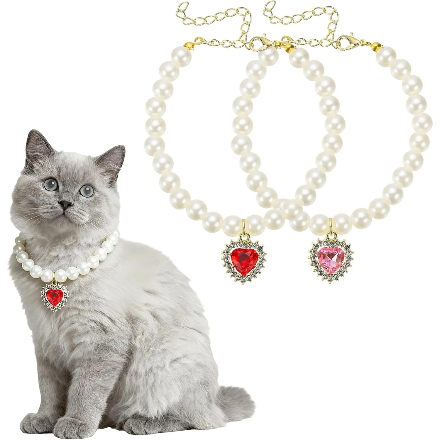 Cat Dog Pearl Collar, Small Heart Shape Rhinestone Cute Cat Collar Necklace Adjustable (S, Pink/Red, 2Pcs), Wedding Party Pet Jewelry Accessories Puppies Kitten