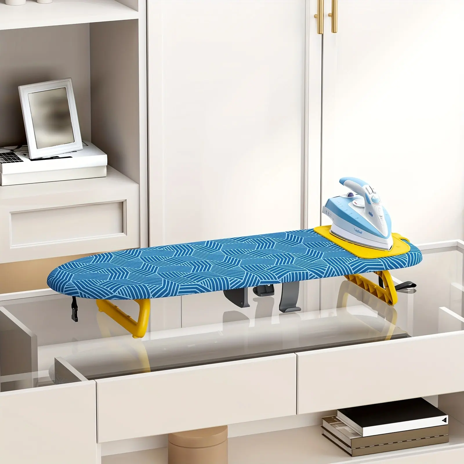 Foldable Tabletop Ironing Board with Iron Holder - Portable Mini Ironing Board for Small Spaces, Compact 12"x32" (30x80cm) Travel & Dorm Ironer, Space-Saving Design for Apartments, Dorm Rooms, Easy Storage, Blue Iron Board