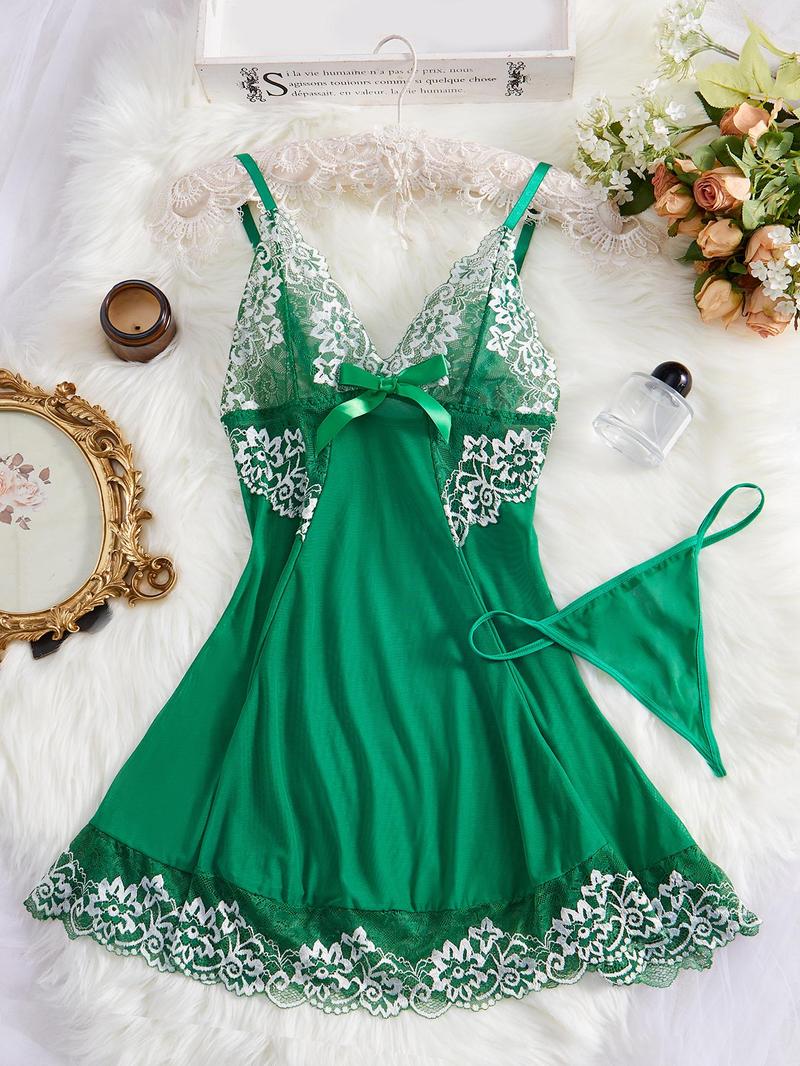 Women's Contrast Floral Lace Bow Front Sexy Costumes Set, Fashion Adjustable Strap Nightgown & Solid Thong, Ladies Summer Clothes for Daily Wear