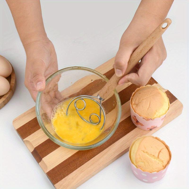 Stainless Steel Danish Dough Whisk - Hand Mixer and Dough Blender for Bread, Pastry, and Pizza Dough - Manual Kitchen Baking Tool with Wooden Handle - Food Contact Safe