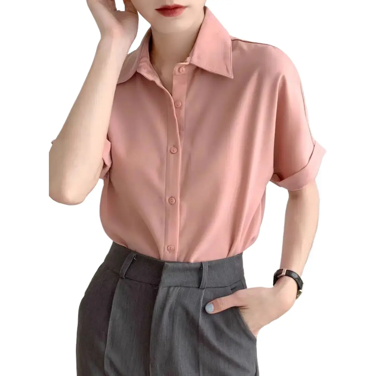 Women's Short Sleeve Blouse, Vintage Korean Style Minimalist Top, Solid Comfortable Breathable Summer Day Wear Essential, Jeans, Skirts, Fabric, Piece, Going Out, Herringbone, Peasant Top, Casual, Shortsleeve, Basic, Elegant, Style Inspo