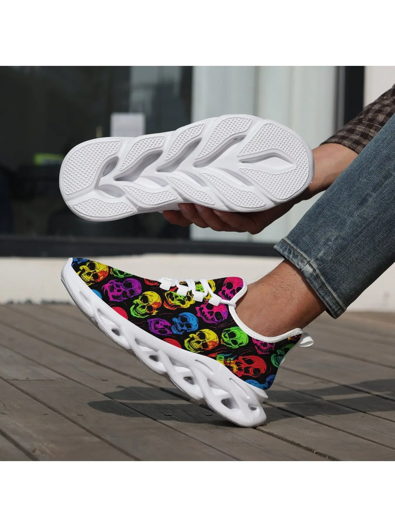 Neon Psychedelic Skull Pattern Running Shoes, Rainbow Colorful Skeleton Print Sneakers, Breathable Mesh Lightweight Non-Slip Casual Athletic Shoes for Men Women Unisex Halloween Party