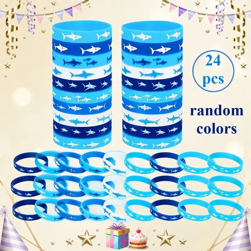 24 Shark Theme Silicone Wristbands, Bright Colors, Perfect for Beach Parties, Birthday Gifts, Underwater Decor, Random Patterns