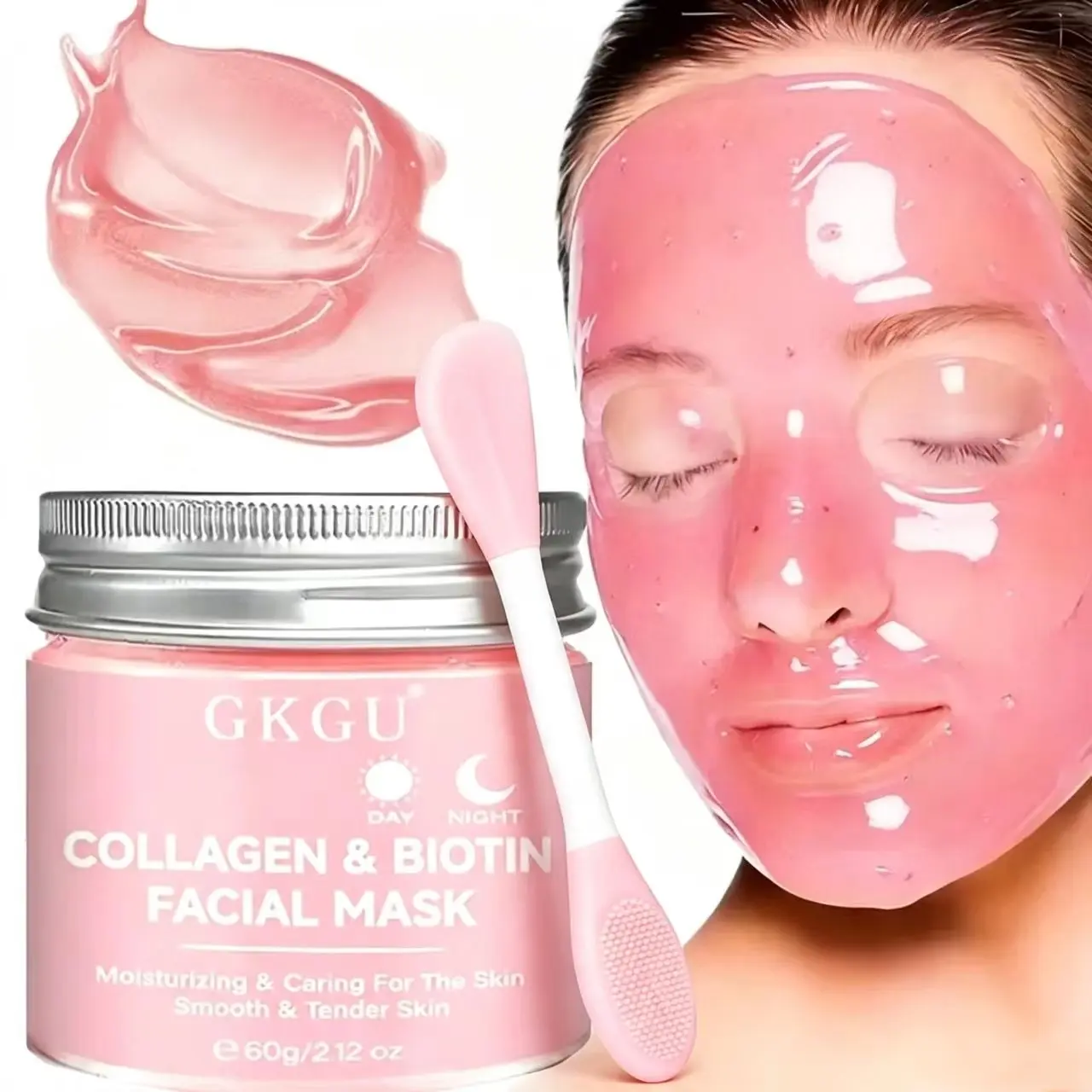 GKGU Collagen & Biotin Facial Mask - Hydrating Face Mask, Hypoallergenic, Moisturizer, Moisturizing & Antioxidant Rich, Daily & Night Use, Smooth Texture, Soft, Non-Greasy Formula, Cosmetic, Ideal for Your Skincare Routine, Gift: face mask brush 1pcs