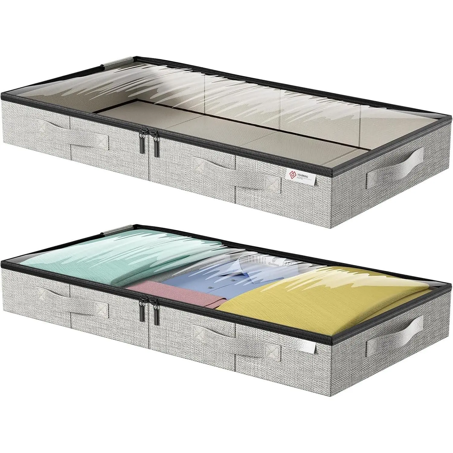 4.5 in Low Profile Under Bed Storage Boxes (2 Pack) - Sturdy Sidewalls/Bottom, Reinforced Handles, Zips, Transparent Windows, Household Organiser for Clothes Storage, Shoes, Pillows