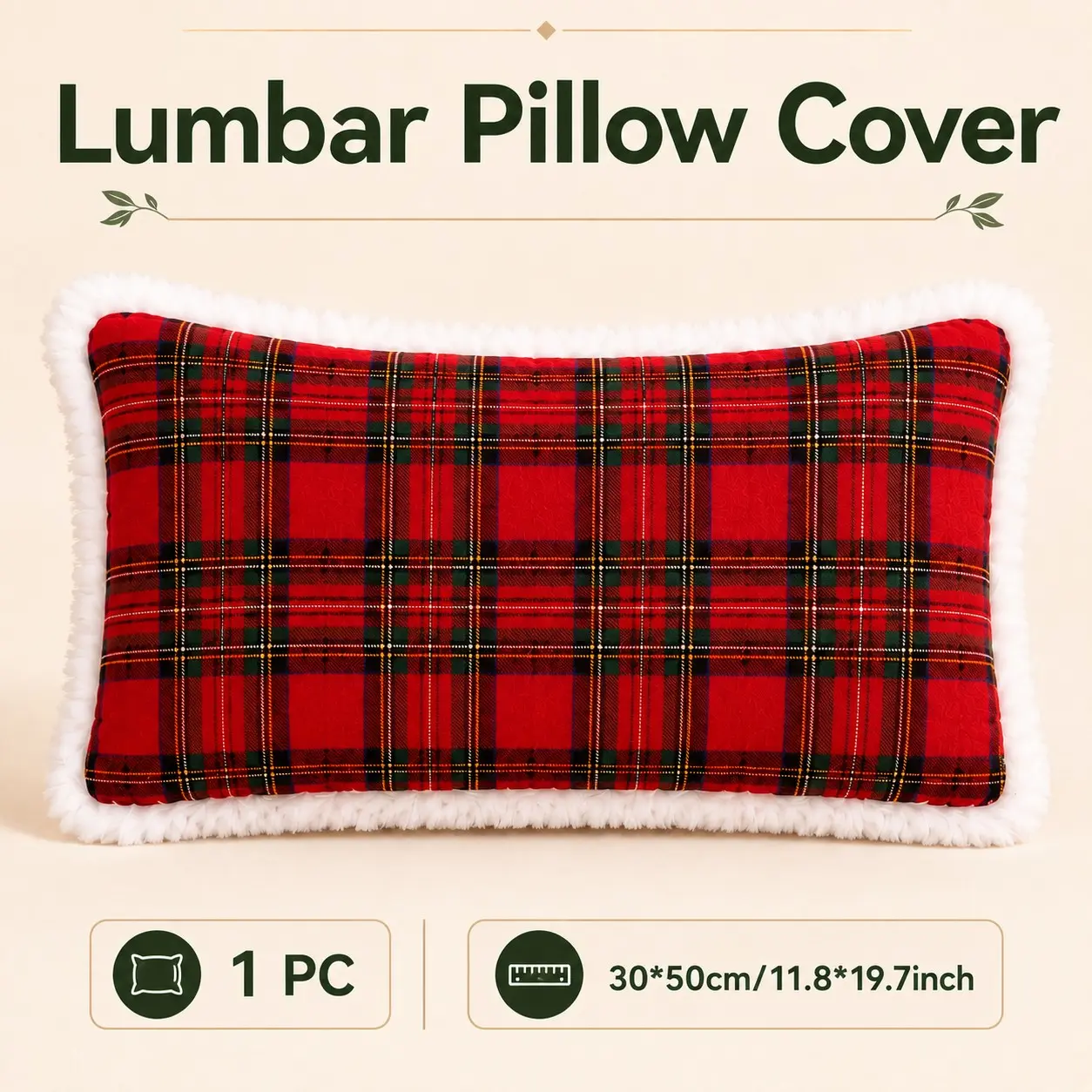 Rectangular Pillow, 30x50cm, Christmas Retro Plaid Style, Grid Fabric, Lamb Wool Trim, Soft Durable Cushion, Living Room Sofa Bedroom Decor