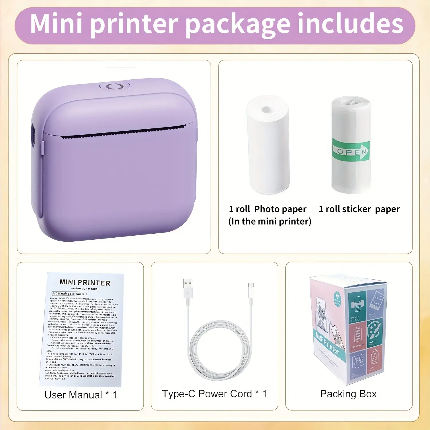 New Portable Mini Printer with Photo Paper and Label Paper, Ideal for Text, Notes, Photos, Labels, Study and Office Supplies, Inkless Thermal Printer
