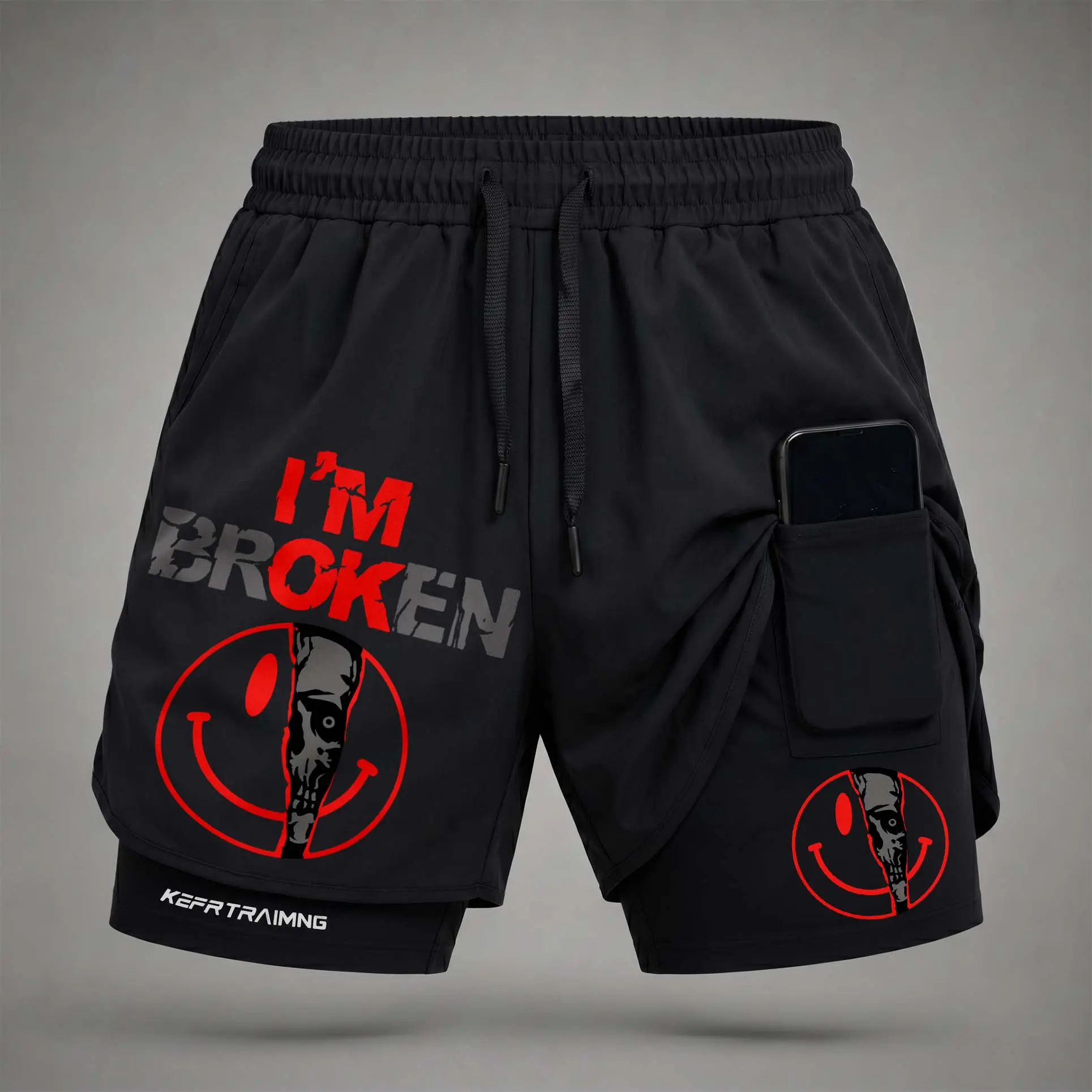 Men’s “I'm Broken”'m Ok” Skull ” Graphic Print 2-in-1 Athletic Shorts, Built-in Compression Liner, Secure Inner Phone Pocket, Elastic Drawstring Waist, Quick-Dry Gym Running Training Shorts for Summer Daily Wear