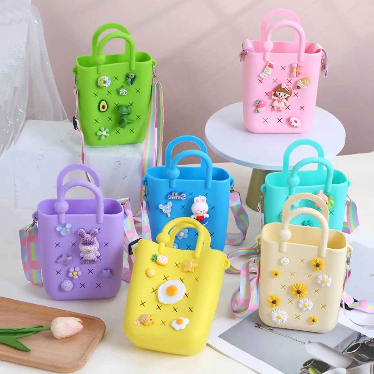 Women's Cute Sweet Crossbody Messenger Bag with Double Handles, Adjustable Strap, Flexible Silicone, Foldable Pouch for Everyday Casual Use, Shopping
