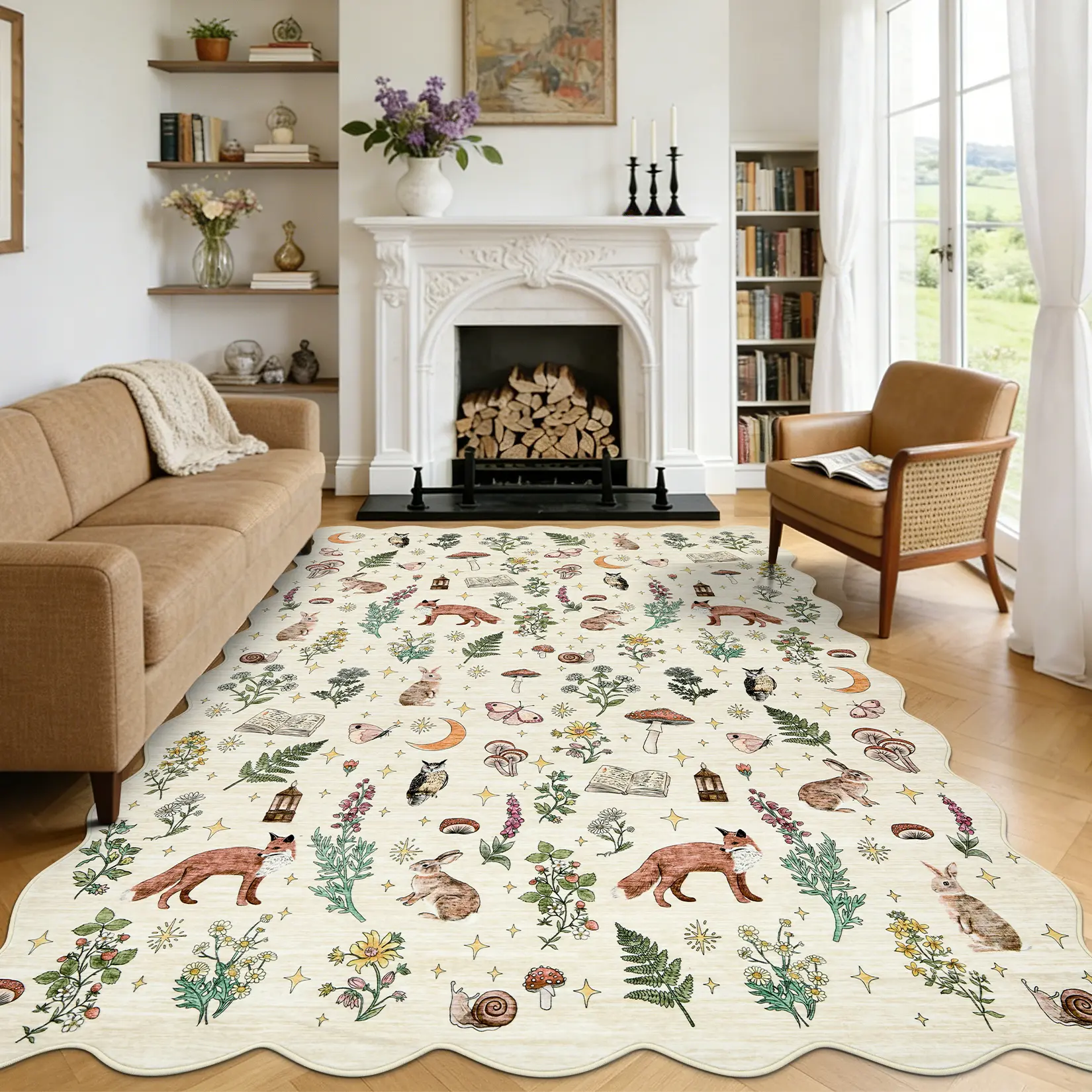 Fan-shaped Animal Print Rug Washable Area Rug Mushroom Print Rug Soft Non-shedding Stain-resistant Non-slip Ultra-thin Foldable for Living Room Dining Room Playroom Children's Room bedroom