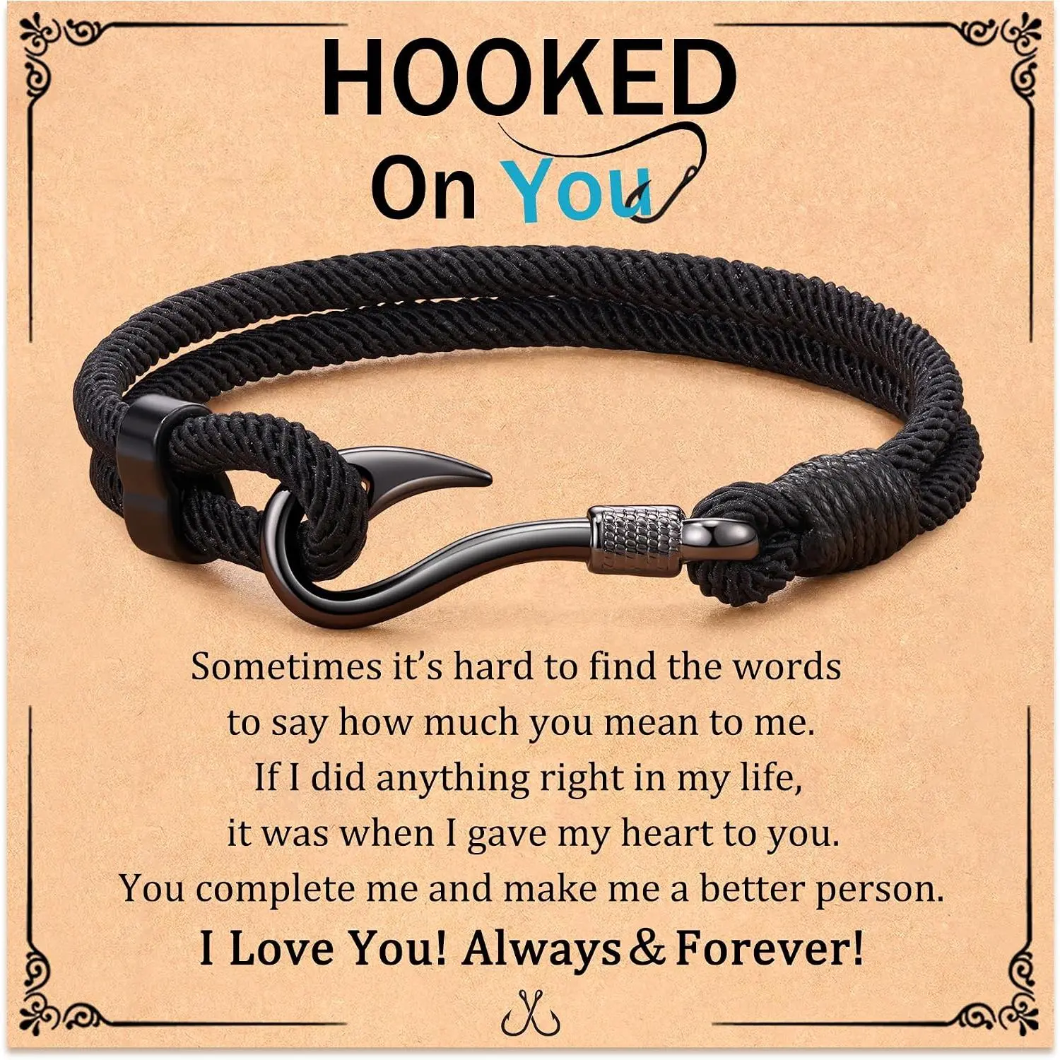 Black Fishing Bracelet Gifts for Men Cool Fishing Accessories Stuff | Durable Nylon Rope and Stainless Steel Hook Bracelet, Hooked  You Fishing Gifts for Men Husband Dad Son Who Loves Fishing