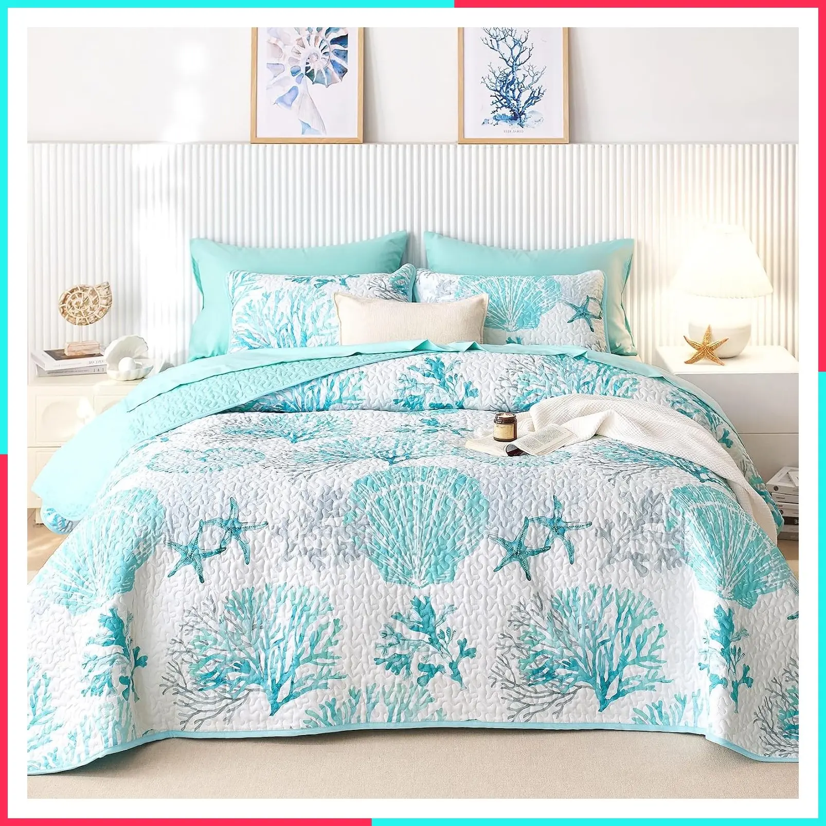 Coastal Quilt Set, Nautical Ocean Beach Themed Tropical Summer Patterned, Reversible Lightweight Bedspread Coverlet, 3 Pieces, Aqua Turquoise, Queen/Full Size