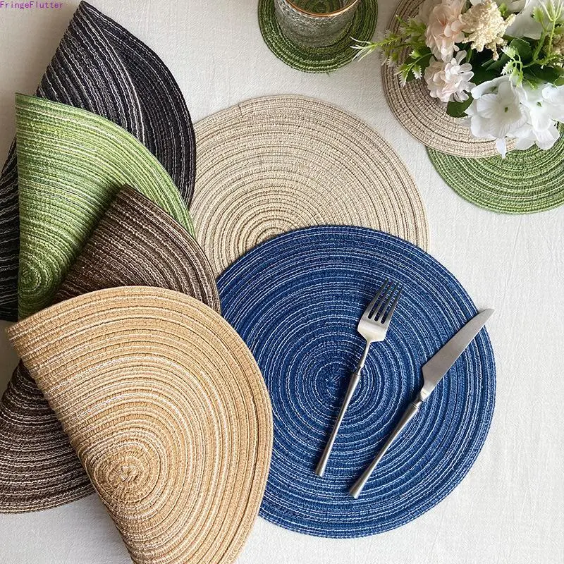 Round Woven Ramie Placemat & Coaster, Western Farmhouse Style Cotton-Like Texture Table Mat, Heat Resistant Anti-Scald Decorative Pad for Plates, Cups & Home Kitchen Dining Decor