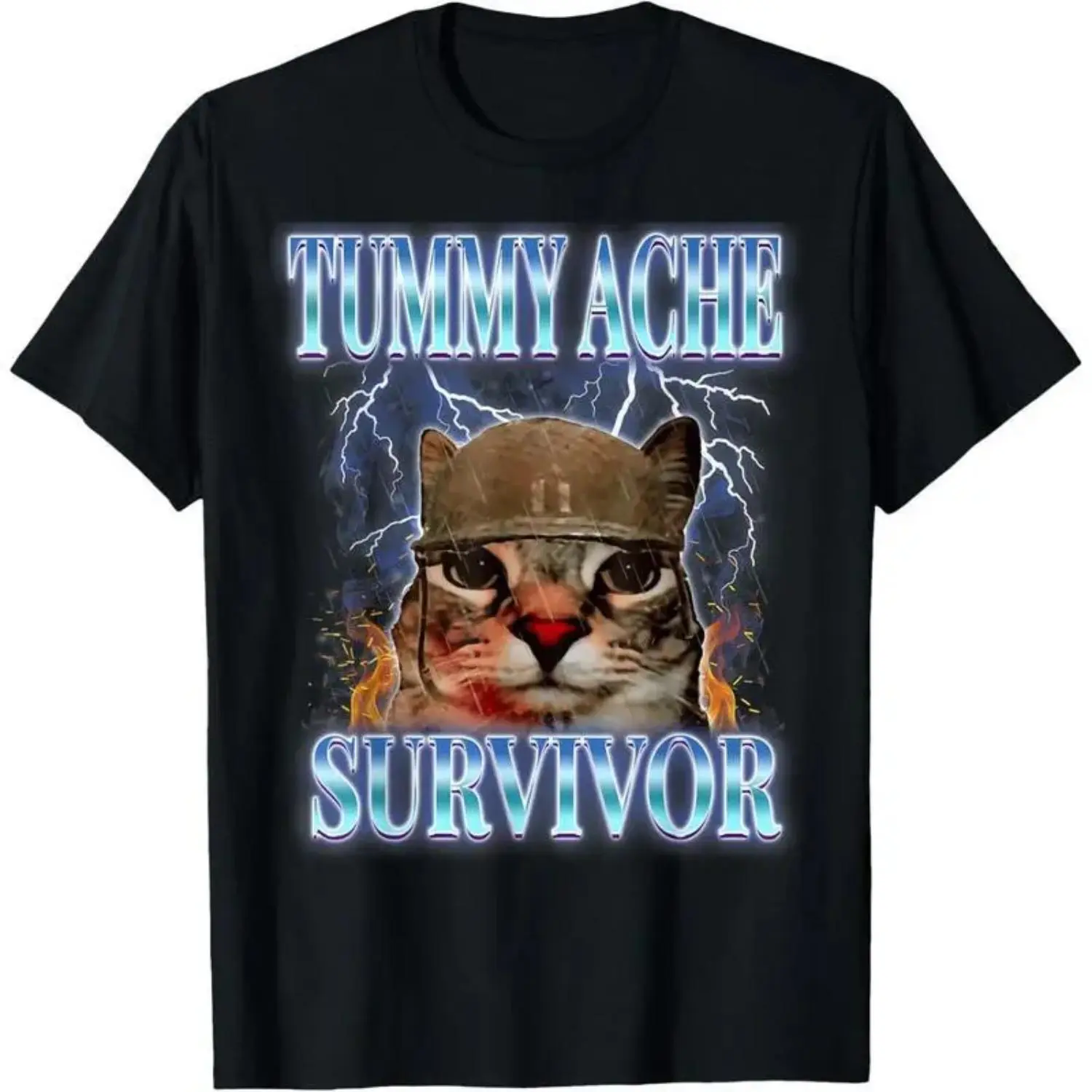 Men's Short Sleeve Tummy Ache Survivor Cat Meme Tee - Art Graphic, Cool Design, Printed Fabric, Vintage Fashion Top for Adults, Art Graphic Tee, Cool Graphic Tee