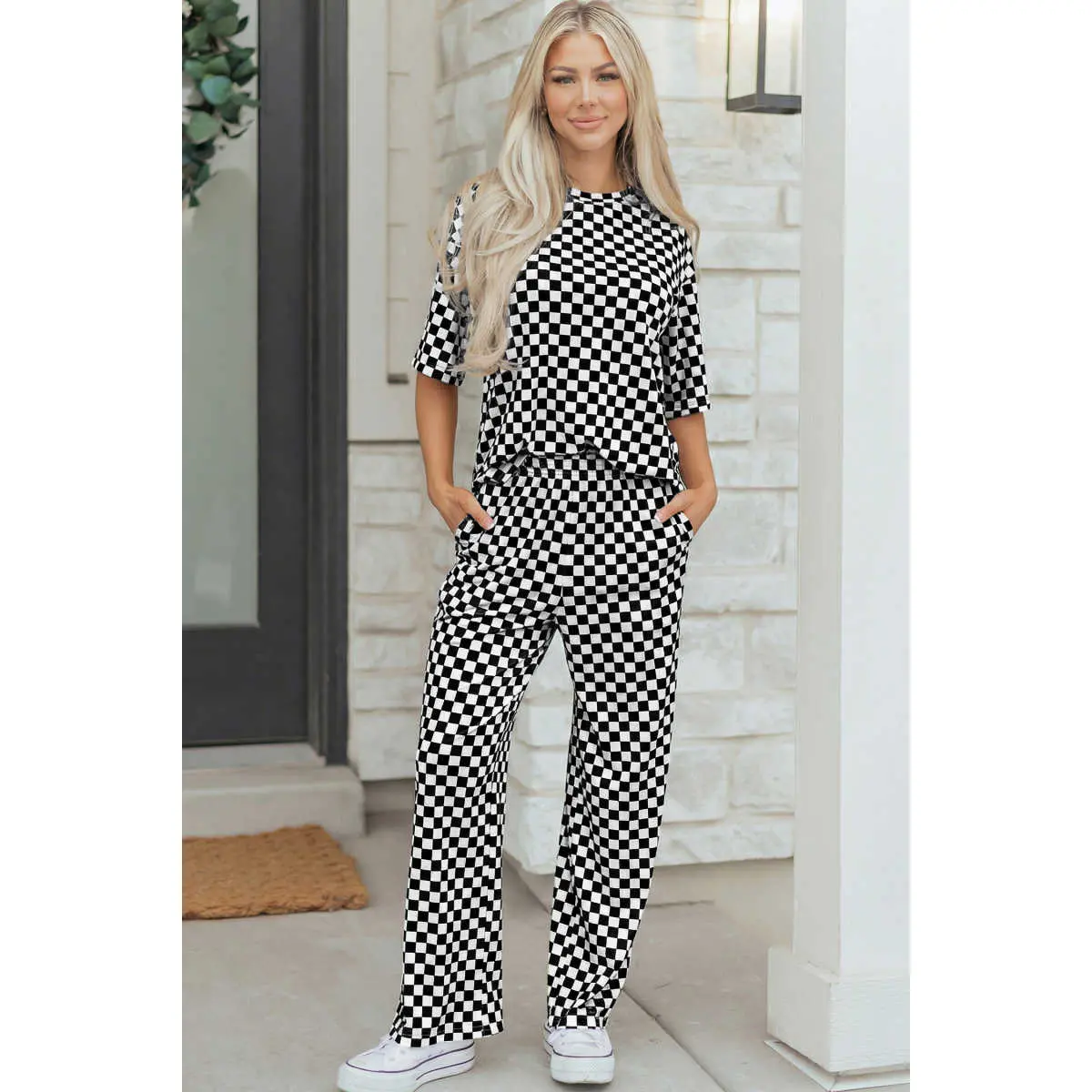 Black Checkered Print Half Sleeve Tee 2pcs Lounge Pant Set