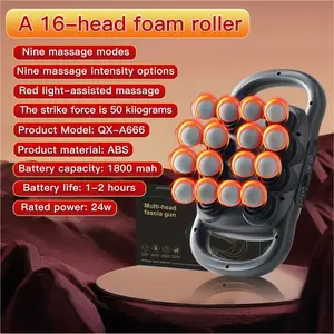 Portable Dual Handle Multi-Head Fascia Gun, 9 Speed Settings, 9 Modes, 9 Intensity Levels, Light Heat Therapy, 50kg Impact Force, 1800mah Battery