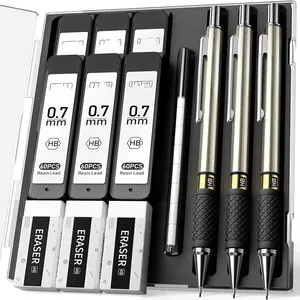 3 count Metal Mechanical Pencil Set with 0.7mm Medium Point, 360 Leads, 12 Erasers, Art Mechanical Pencils Pack with Storage Case for School Writing, Sketching, Drawing & Professional Drafting