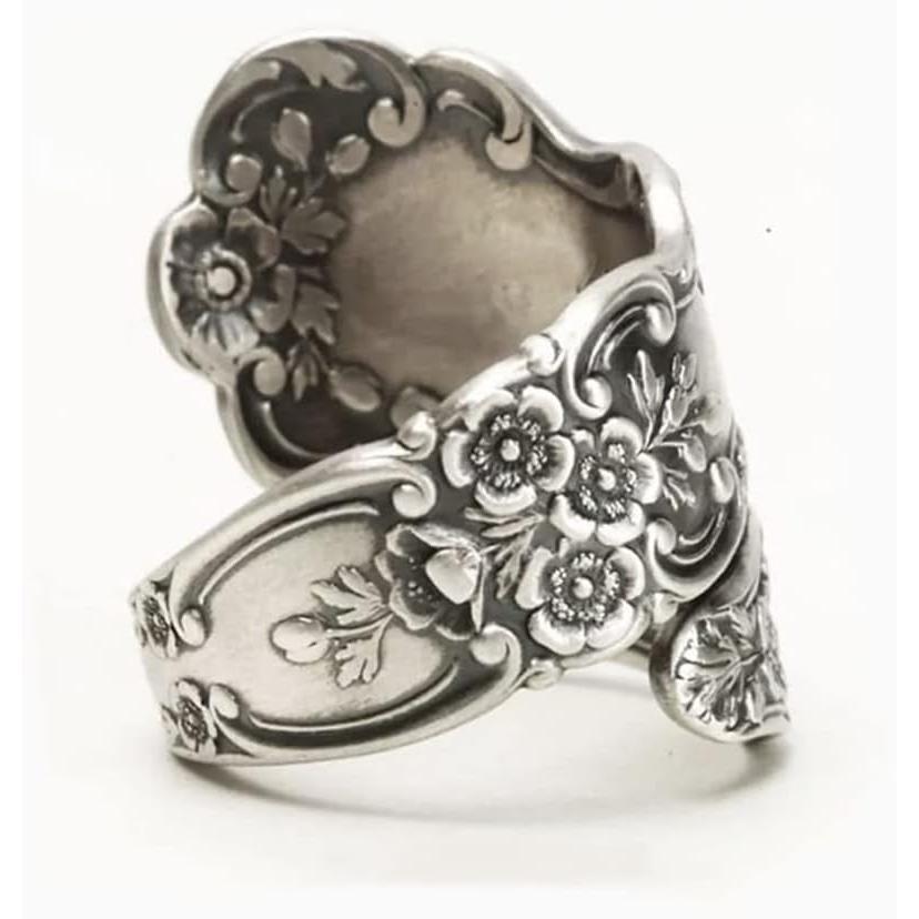 Spoon Rings Promise Wedding Engagement Statement Boho Circling Rose Flower Cluster Finger Open Ring Adjustable Extendable Wrap Bands for Women Men Retro
