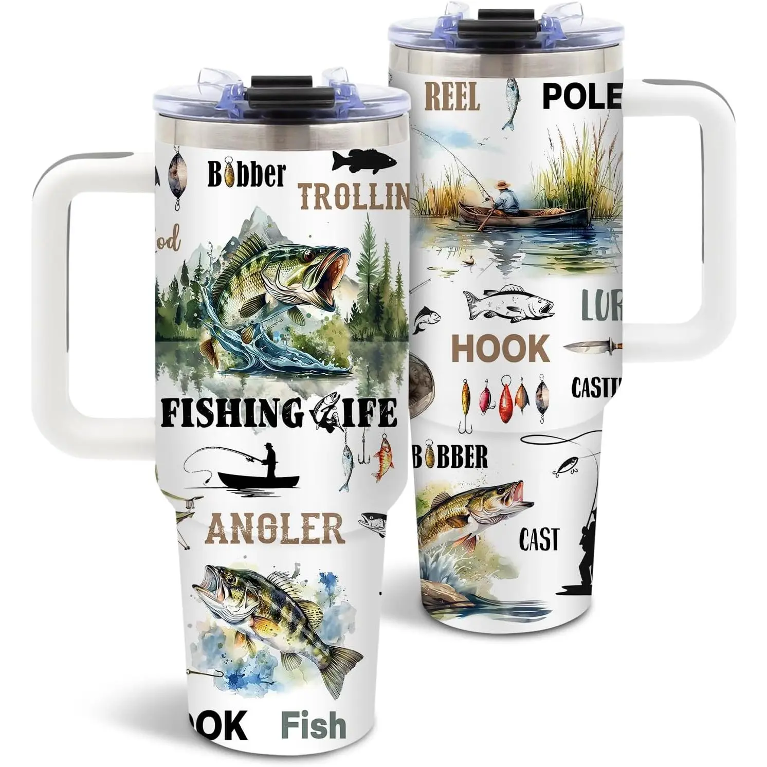 Fishing Tumbler 40oz, Insulated Fish Cup Gift for Dad Boy Man | Just a Who Loves Fishing Tumbler Leakproof, Fish Print Water Bottle, Birthday Fathers Day Ideal Gift for Fisherman, 1 Pack