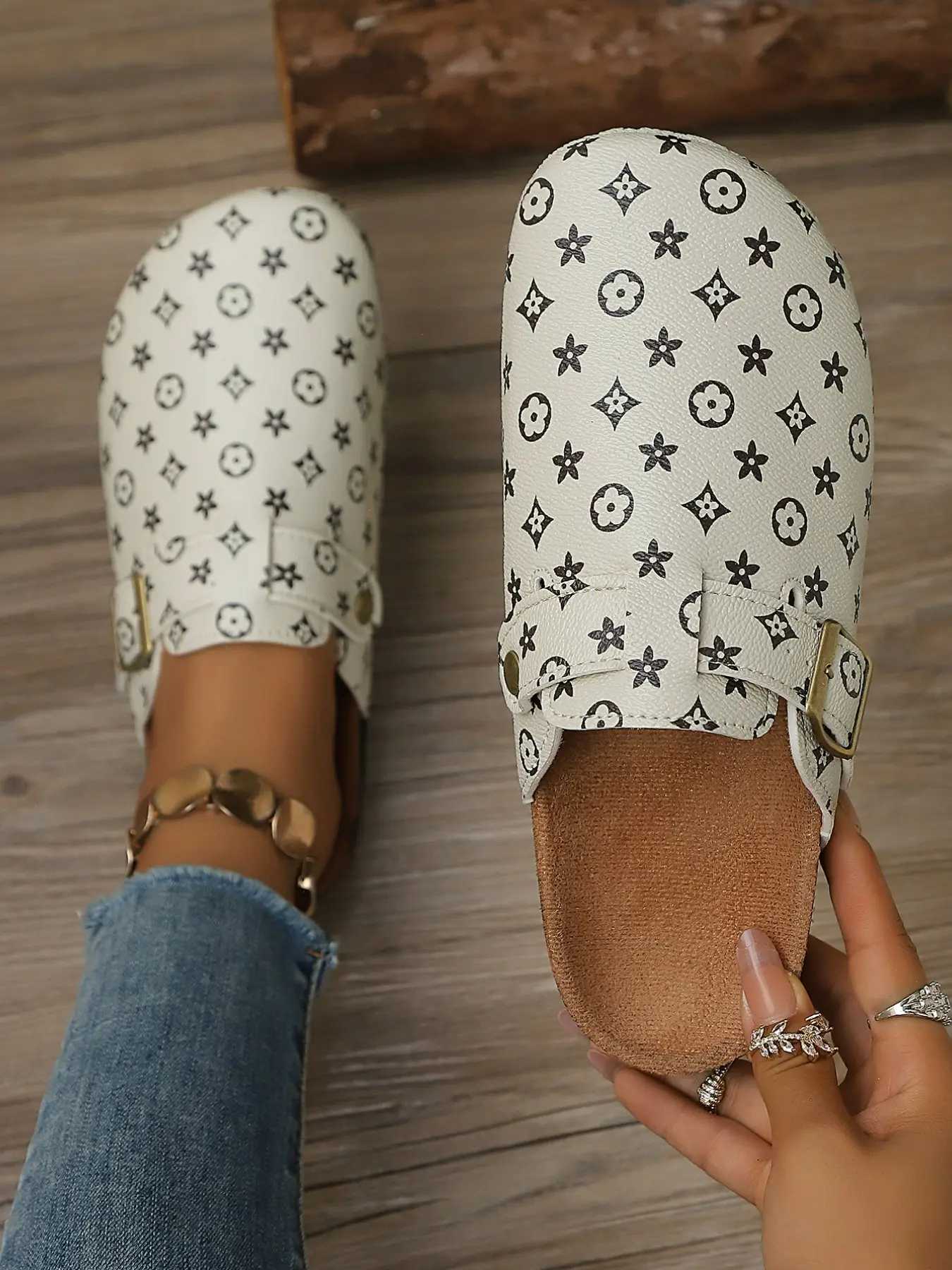 Chinese Lucky Pattern Retro Half Sandals, PU Leather Soft Sole, Geometric Design, All Seasons, Women's Comfortable Slippers