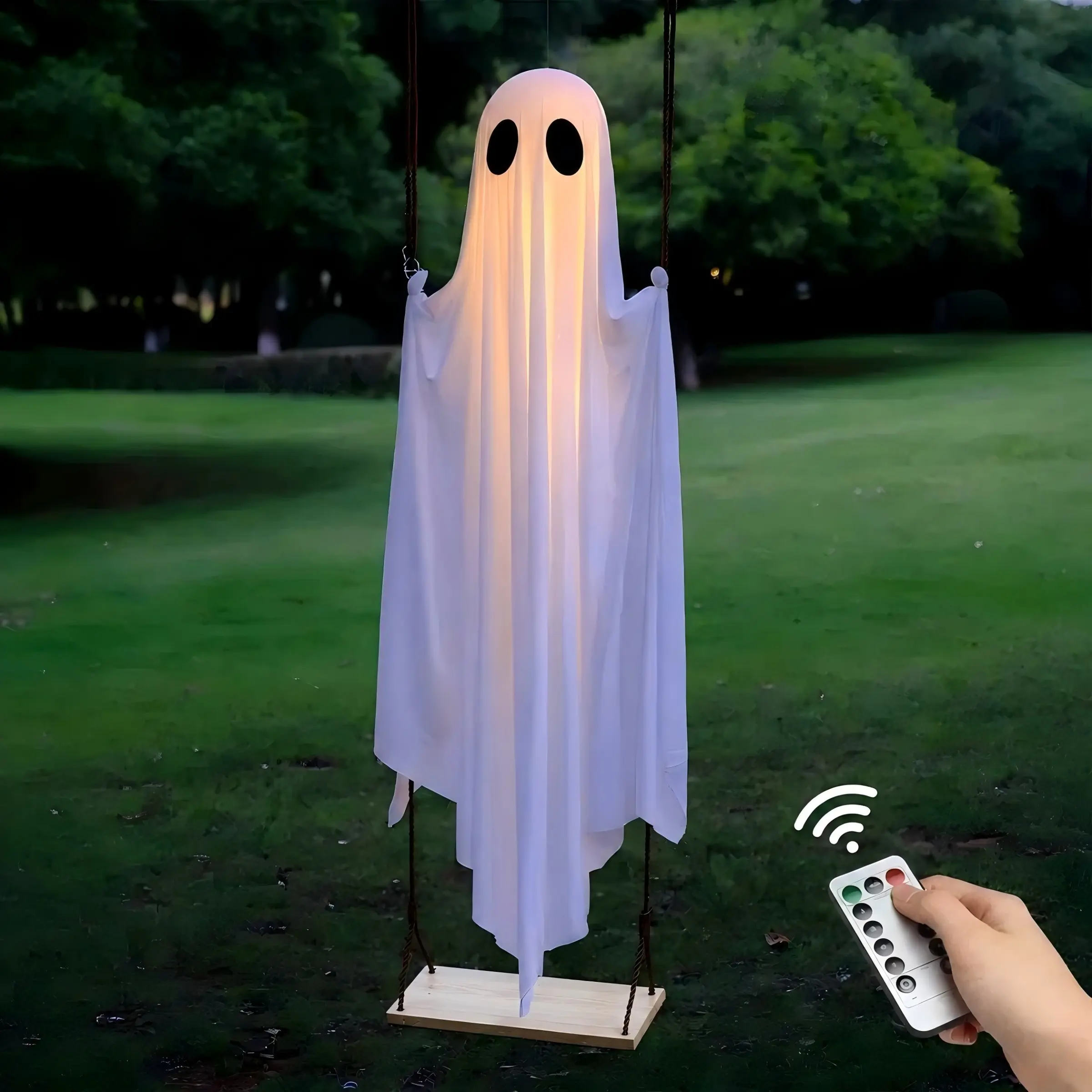 Halloween Outdoor Decoration, 5 Feet Large Hanging Swinging Ghost with Lights, Cute Haunted Tree Decor for Porch Yard, Halloween Party Decor
