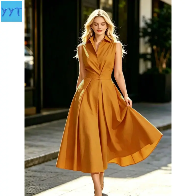 YYT1 A fashionable French V-neck lapel print sleeveless dress with a cinched waist and a large hem to show off weight, suitable, suitable afternoon tea, dating, check-in, small party, urban commuting, city light vacation