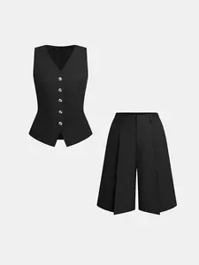 Women's Commuter V-Neck Sleeveless Top Vest + Mid-Length Pants Set, Essential Daily Wear, 2-Piece for Office and Casual Use
