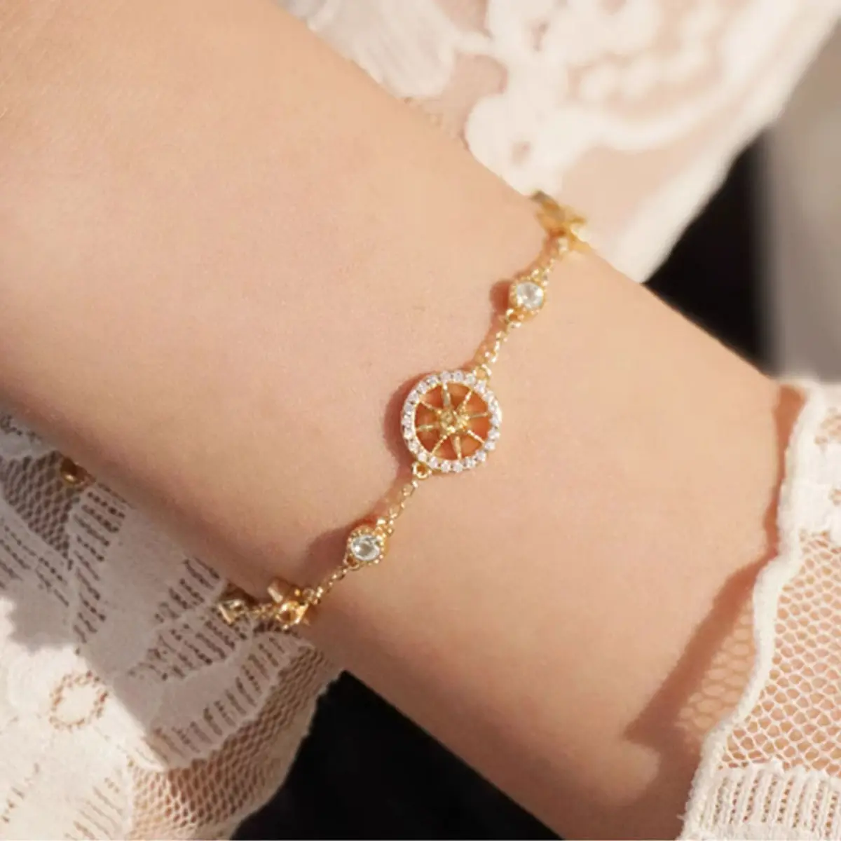 S925 Silver Bracelet for Women, Gold Plated Compass Star Pattern, Waterproof Female Jewelry for Casual Everyday Wear, 153cm, Casual Wear, Wrist Bracelet