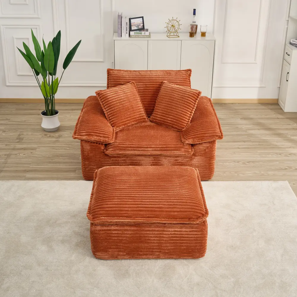 Orange 47" No-Assembly Teddy-Fleece Comfy & Soft Cloud Couch Bed - Sturdy 1-Seater Modular Sectional Sleeper with Deep Seat, Chaise, Cotton & Foam Fill, Movable 2-Layer Ottoman Set for Living Room, Durable
