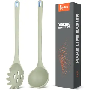 Silicone Spaghetti Spoon&Soup Ladle Cooking Utensils Set of 2,No Scratch for Nonstick Cookware,BPA Free, 450℉ Heat Resistant (Green)