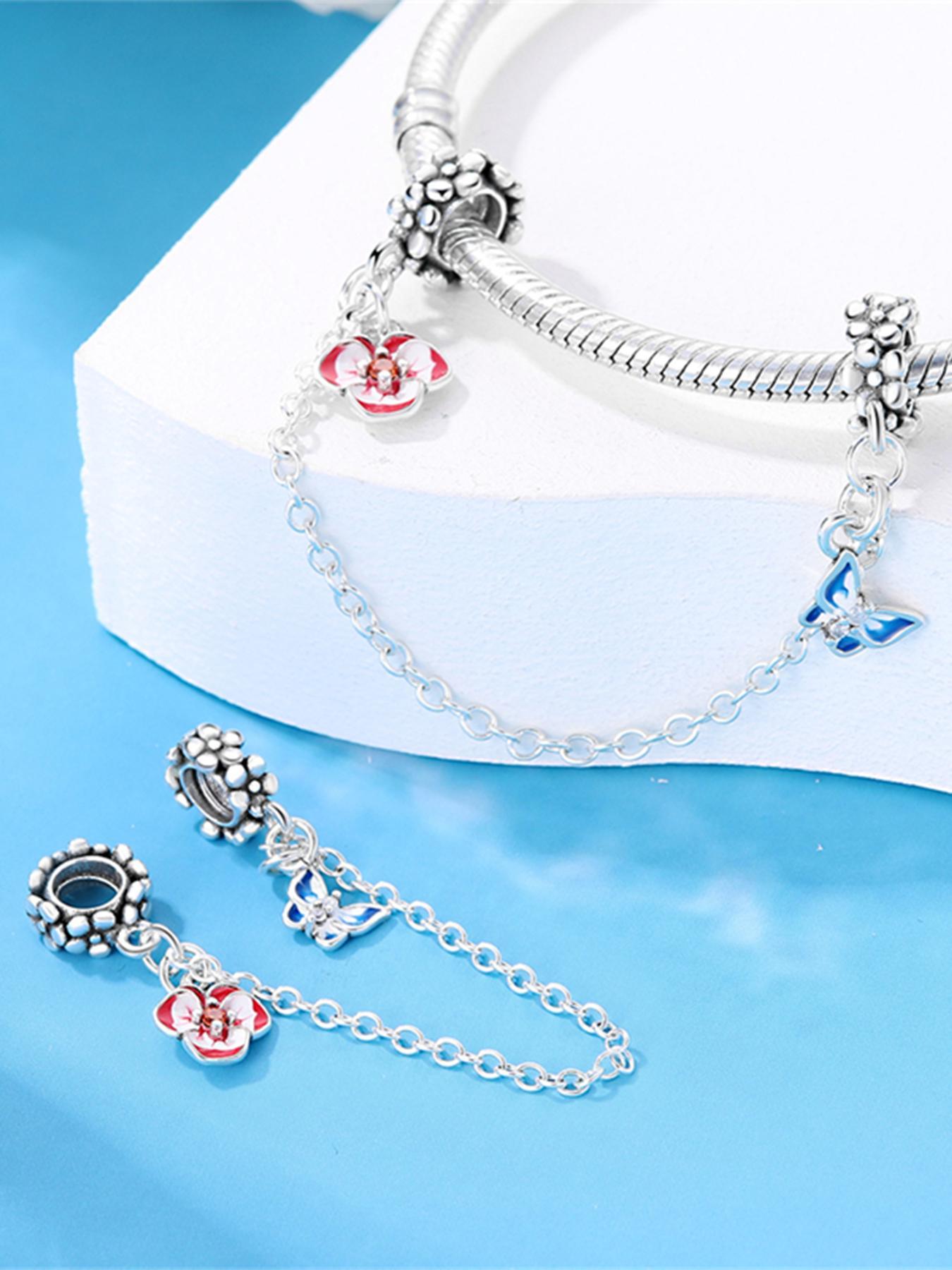 S925 Sterling Silver Cute Flower & Butterfly Design Safety Chain Charms, Fashionable Beads for Women's Bracelet & Necklace & Keychain, DIY Jewelry for Birthday Gift