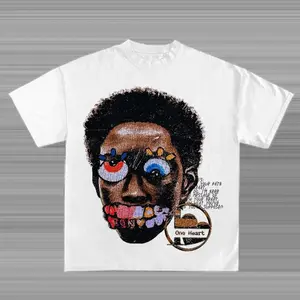 Multi-element T-Shirt Vintage Graphic Rap Hip Hop Merch Concert Y2k Streetwear,Unisex Abstract Portrait Art Graphic T-Shirt, Colorful Face Doodle Print Crew Neck Short Sleeve Tee, Casual Cotton Top for Streetwear Lovers, White Artistic Statement Shirt for