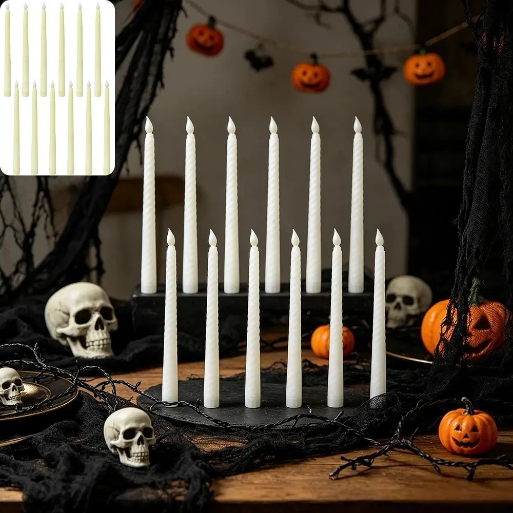 12Pcs Plastic Realistic Twisted Taper Candle Lights, LED Ambient Candles for Halloween Patio Desktop & Entryway Pointed Taper Candles for Christmas Party Windowsills Stairs & Living Room Holiday Scene Lighting Decor Props Warm White Light