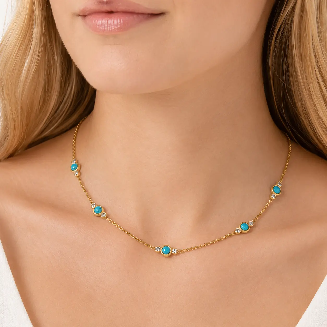 18K Gold Plated Turquoise Station Necklace for Women, Dainty Y2K Beaded Necklace with Blue Turquoise & Cubic Zirconia, Adjustable 16–18 Inch Stainless Steel Boho Layering Necklace