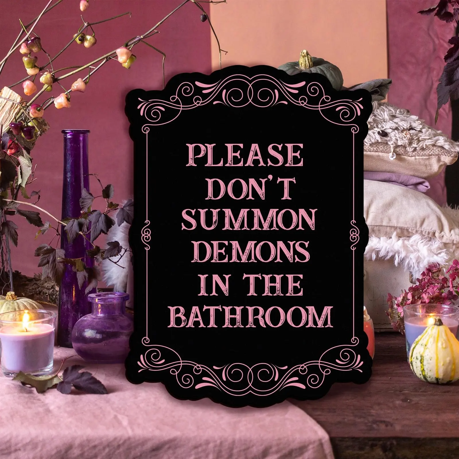 1 piece Pink Gothic Funny Bathroom Wooden Hanging Sign, Ornate Scroll Frame Spooky Witchy Wall Plaque, "Please Don't Summon Demons In The Bathroom" Dark Aesthetic Restroom Decor for Home Farmhouse Spa