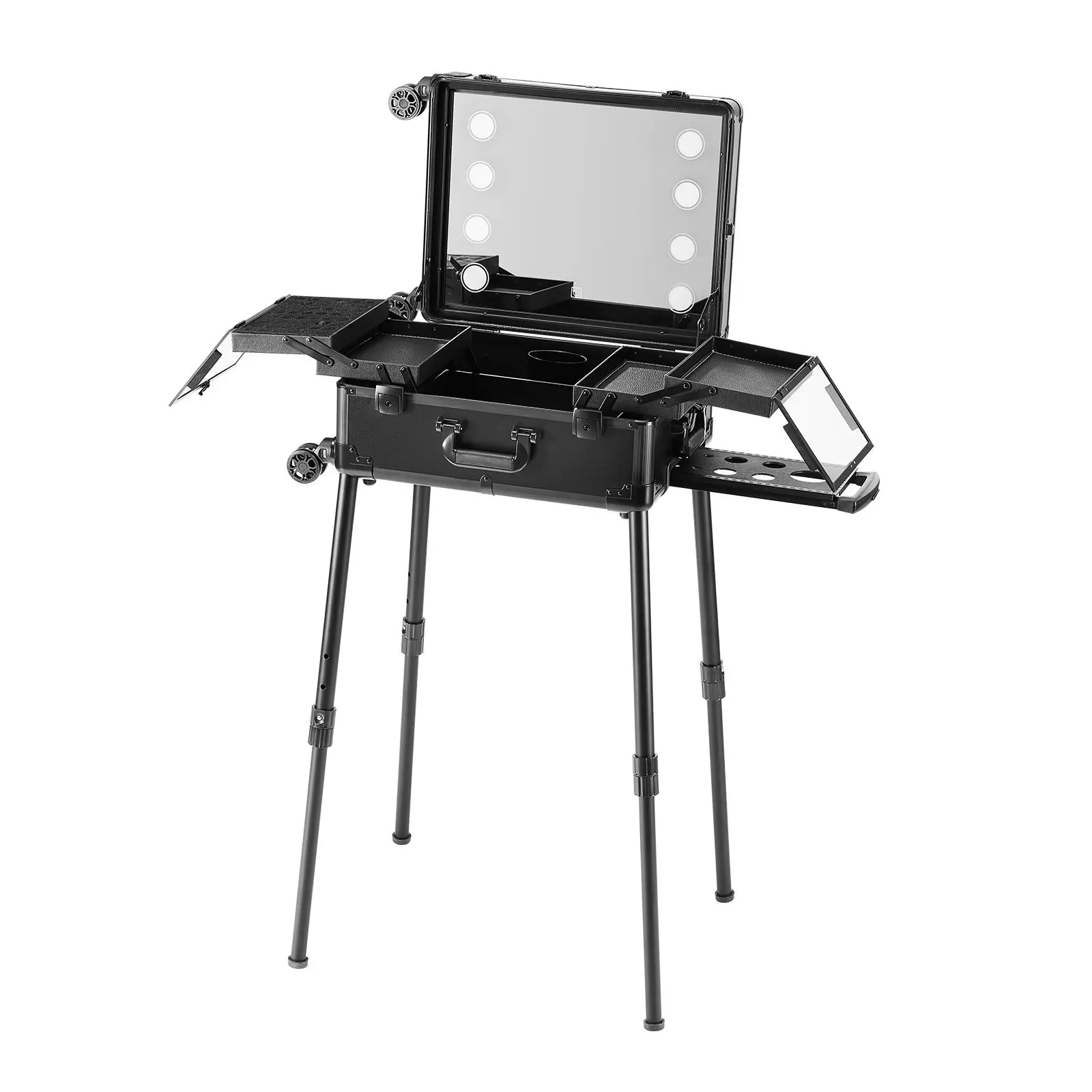 Professional Makeup Train Case with Lighted Mirror, Hard Shell Rolling Trolley Organizer with a Multi-Tray Setup, Swivel Wheels, and Support Legs for Travel, Hard Shell Organizer, Makeup Organization