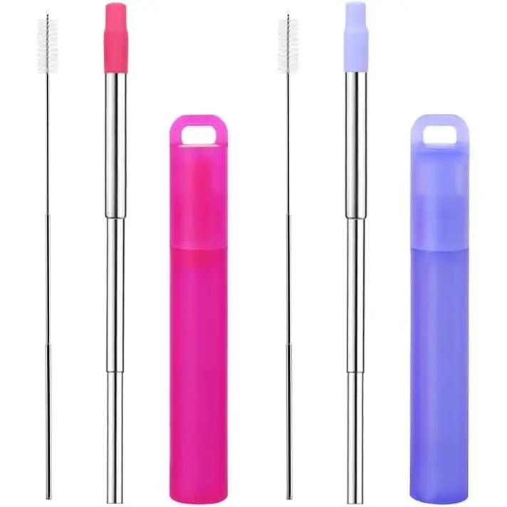 - Metal Straws 2 Pack Collapsible Stainless Steel Straw,travel straw with case and Cleaning Brush,Retractable Portable Pocket Straws(Red,  Telescopic brush)