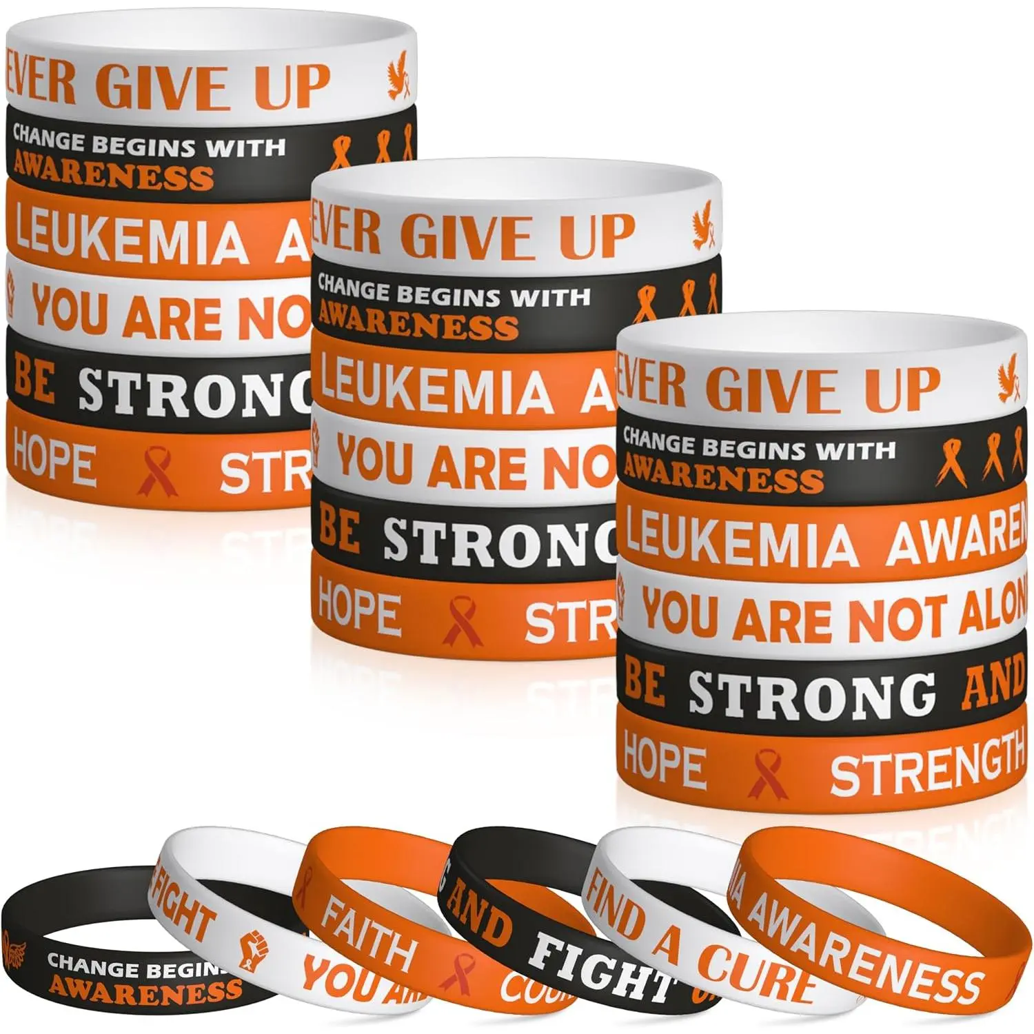 Leukemia Awareness  Bracelets - Leukemia Awareness Month Orange Ribbon Hope Stretch Wristbands Kit, Motivational Rubber Bracelet Set with Inspirational Words for Men Women (48Pcs)