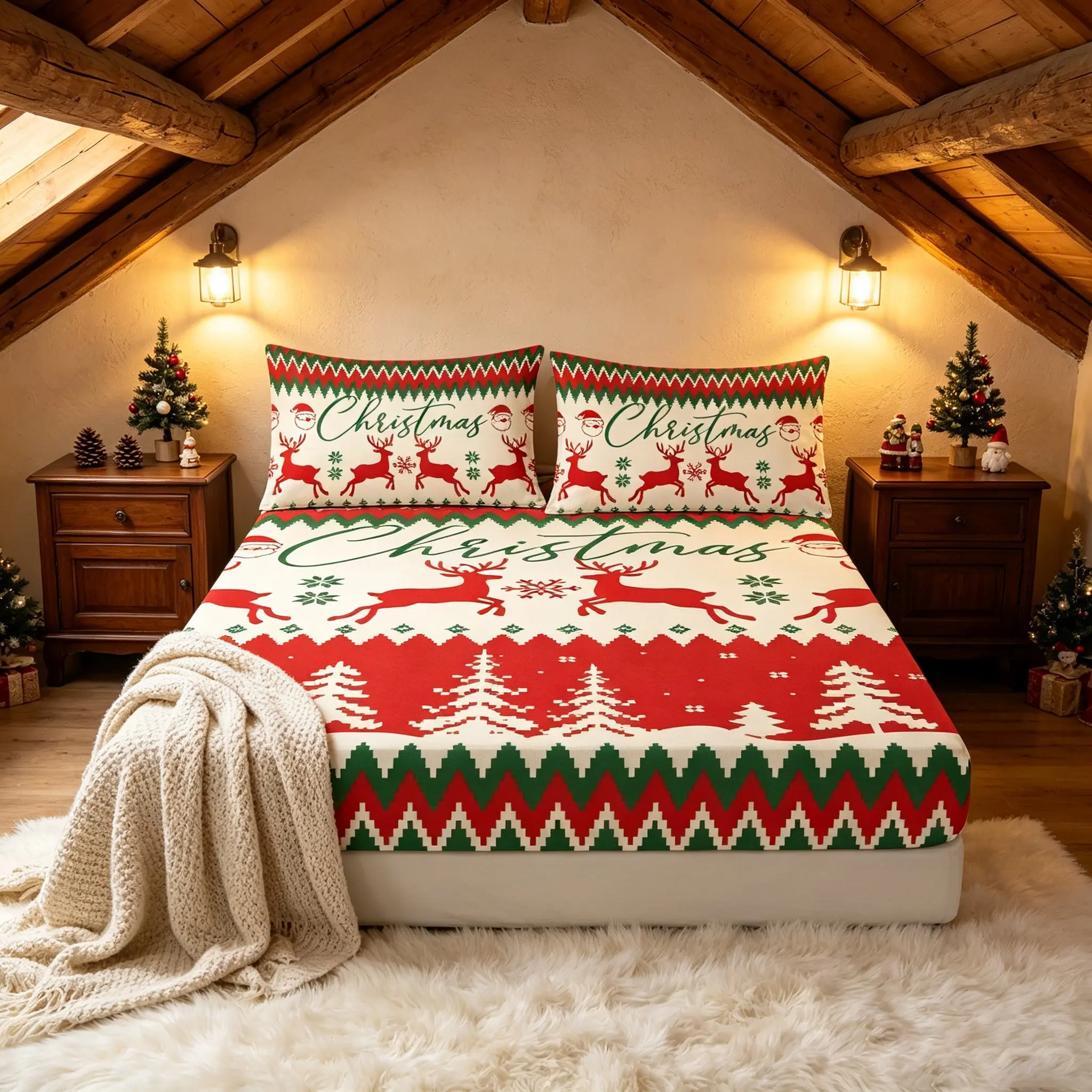 3pcs Christmas Retro Elk Christmas Tree Bed Sheet Set Non slip Full Package Mattress Protective Cover Holiday Home Pillowcase Bed Cover Set 1 Bed Sheet+2 Pillowcases (Core free)